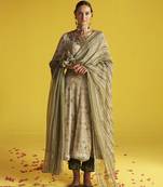 Beige georgette printed anarkali set with neckline detailing