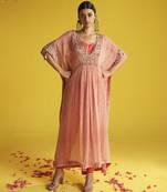 Peach georgette plain kaftan with neckline detailing