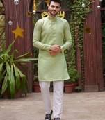 Pista green silk plain work textured kurta for mens