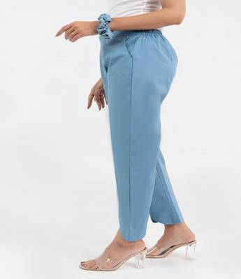 Light blue cotton  solid pant with leaf bottom 2