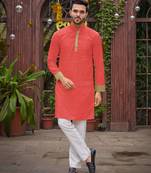 Coral silk plain work textured kurta for mens