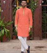 Peach silk plain work textured kurta for mens