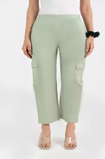 Pista green cotton  solid pant with leaf bottom