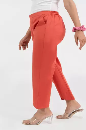 Peach cotton  solid pant with leaf bottom