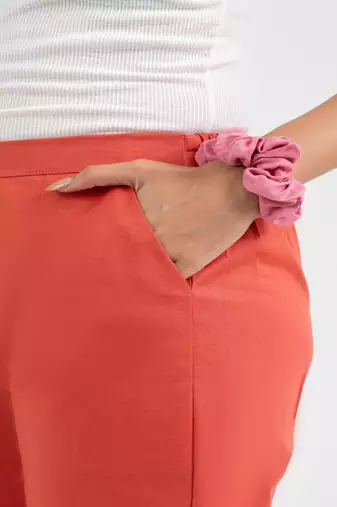 Peach cotton  solid pant with leaf bottom