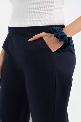 Navy blue cotton  solid pant with leaf bottom