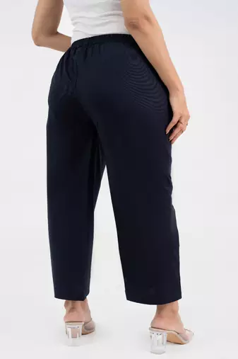 Navy blue cotton  solid pant with leaf bottom