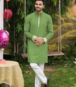 Green silk plain work textured kurta for mens