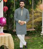 Grey silk plain work textured kurta for mens