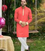 Pink silk plain work textured kurta for mens