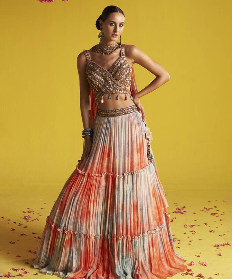 multicolor hand Embroidered GEORGETTE Lehenga