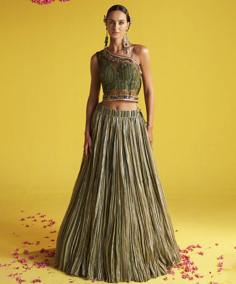 green ORGANZA hand Embroidered Lehenga