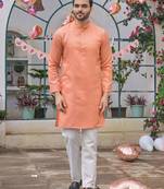 Peach silk plain work textured kurta for mens