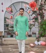 Teal blue silk plain work textured kurta for mens