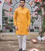 Yellow silk plain work textured kurta for mens