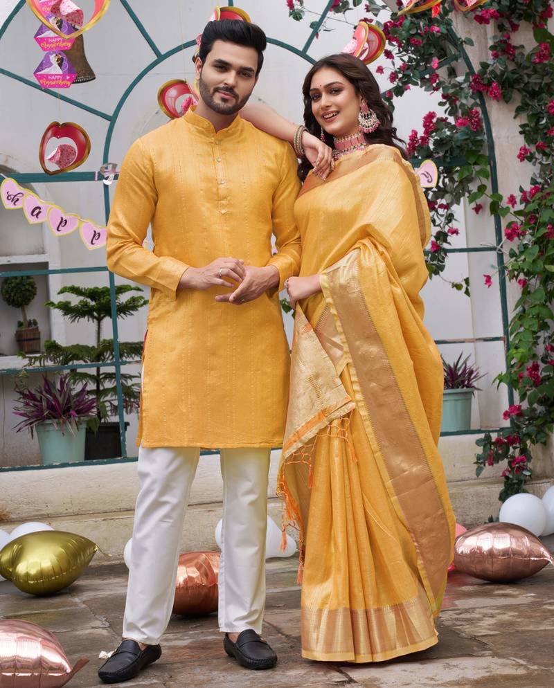 Yellow silk plain work textured kurta for mens