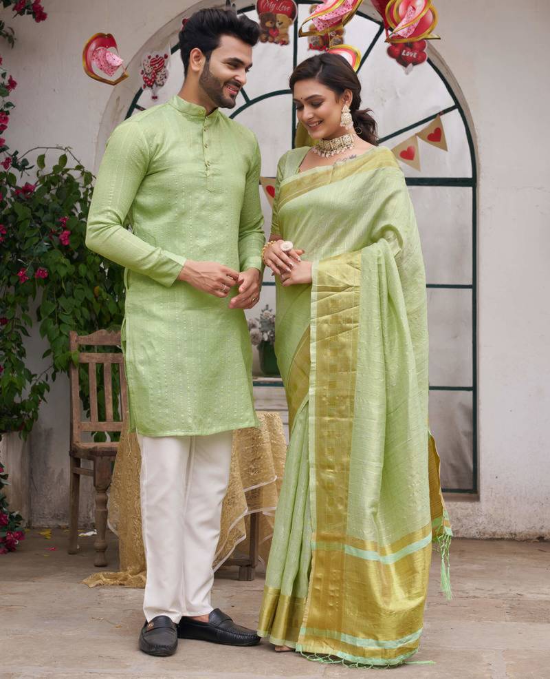 Pista green silk plain work textured kurta for mens