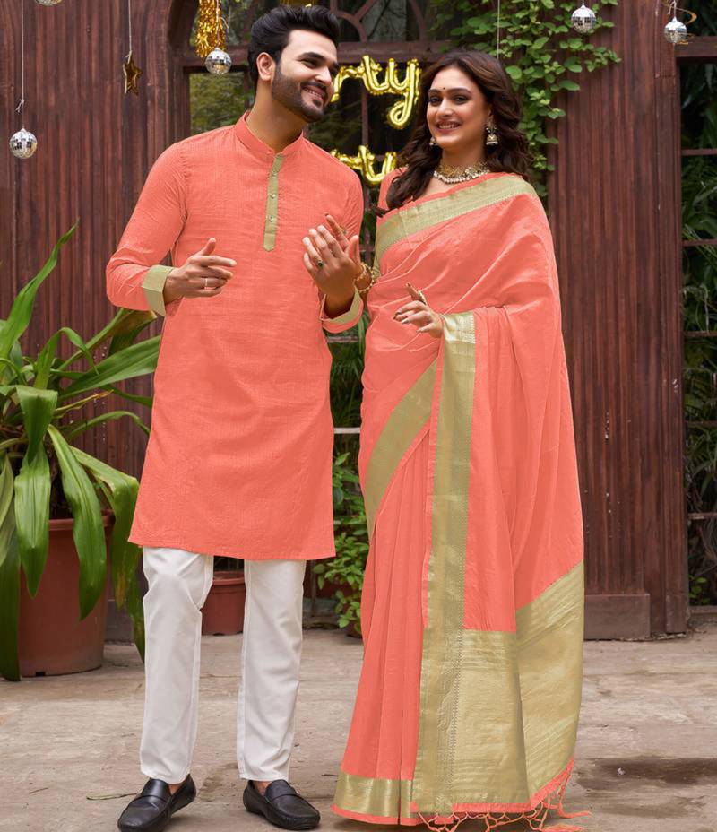 Peach silk plain work textured kurta for mens