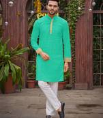 Rama green silk plain work textured kurta for mens