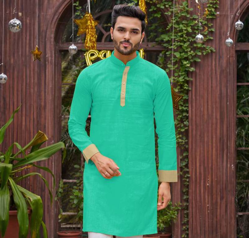 Rama green silk plain work textured kurta for mens