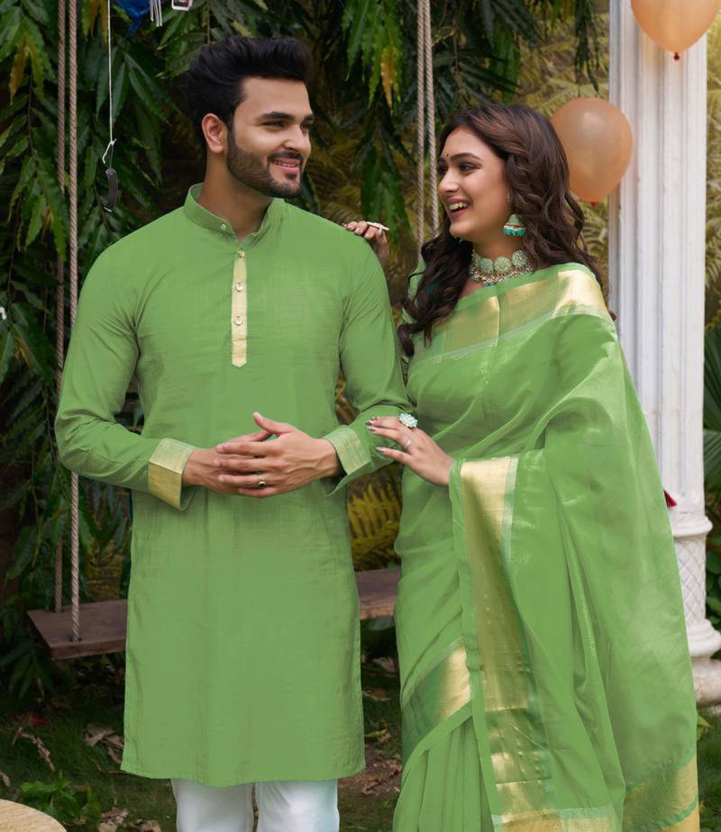 Green silk plain work textured kurta for mens