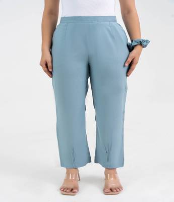 Light blue solid viscose pant with pleated bottom 1