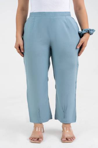 Light blue solid viscose pant with pleated bottom