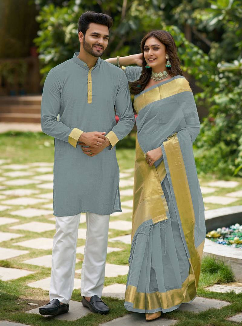 Grey silk plain work textured kurta for mens