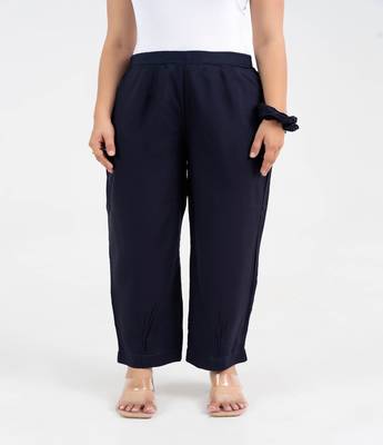 Navy blue solid viscose pant with pleated bottom 1