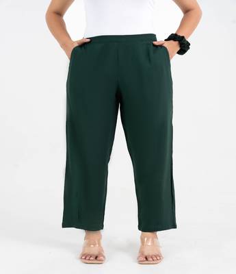 Green solid viscose pant with pleated bottom 1