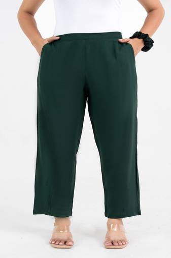 Green solid viscose pant with pleated bottom