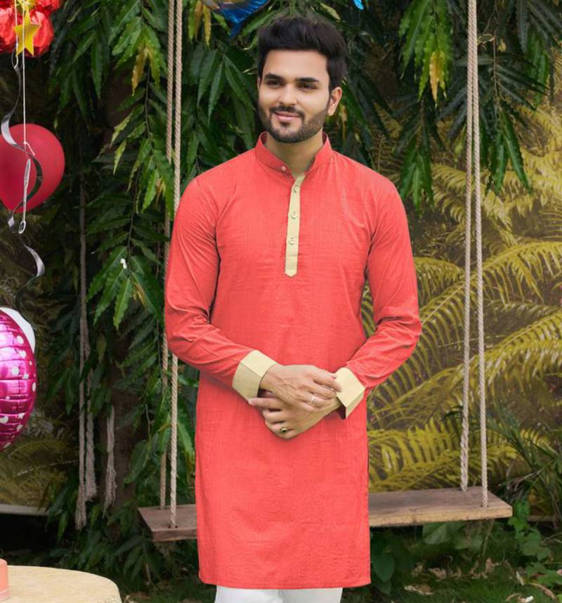 Pink silk plain work textured kurta for mens