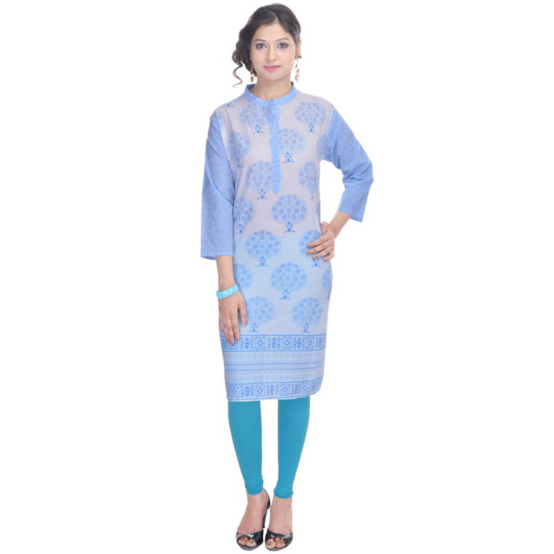 Chinese Collar Blue Sexy Cotton Kurti