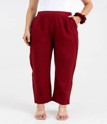 Maroon solid viscose pant with pleated bottom 1