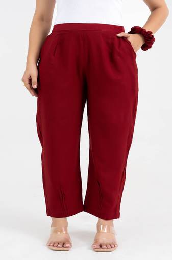 Maroon solid viscose pant with pleated bottom