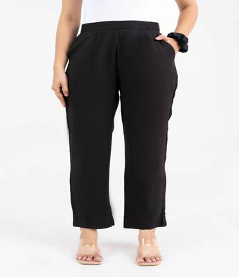Black solid viscose pant with pleated bottom 1