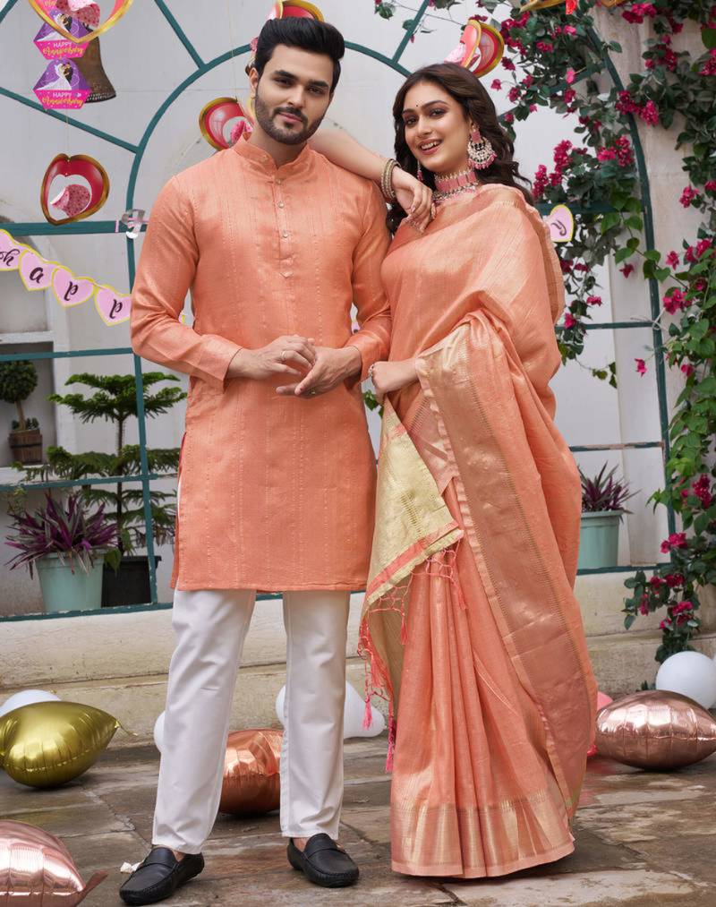 Peach silk plain work textured kurta for mens