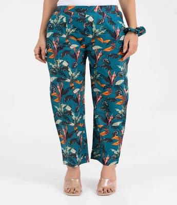 Teal floral printed straight fit cotton  pant 1