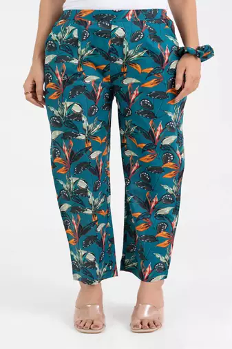 Teal floral printed straight fit cotton  pant