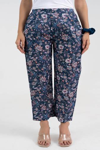 Blue floral printed cotton  pant