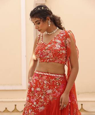 Orange Chiffon Plain Lehenga With Embroidered Blouse 1