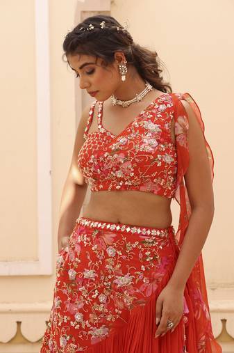 Orange Chiffon Plain Lehenga With Embroidered Blouse