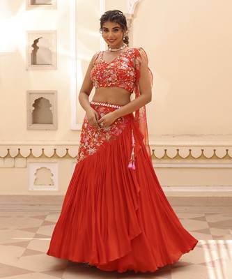 Orange Chiffon Plain Lehenga With Embroidered Blouse 2