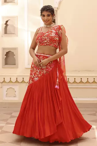Orange Chiffon Plain Lehenga With Embroidered Blouse