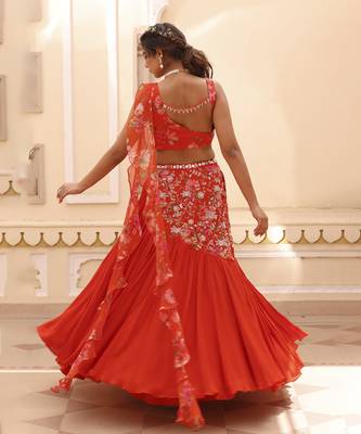 Orange Chiffon Plain Lehenga With Embroidered Blouse 3