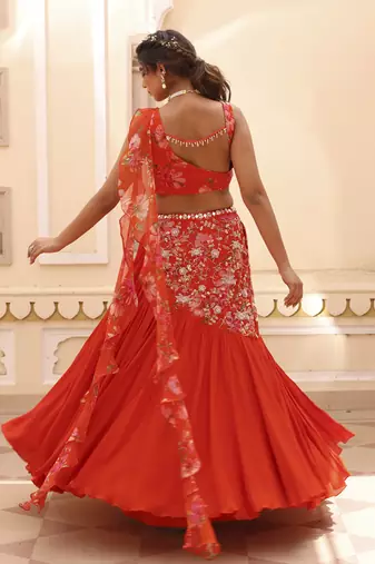 Orange Chiffon Plain Lehenga With Embroidered Blouse