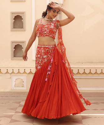 Orange Chiffon Plain Lehenga With Embroidered Blouse 4