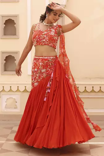 Orange Chiffon Plain Lehenga With Embroidered Blouse