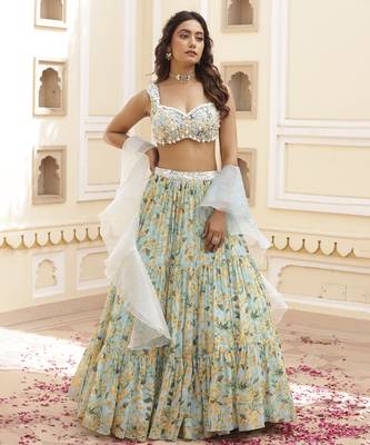 Sky Blue Floral Printed Chiffon Lehenga With Embroidered Blouse 1