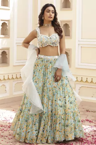 Sky Blue Floral Printed Chiffon Lehenga With Embroidered Blouse